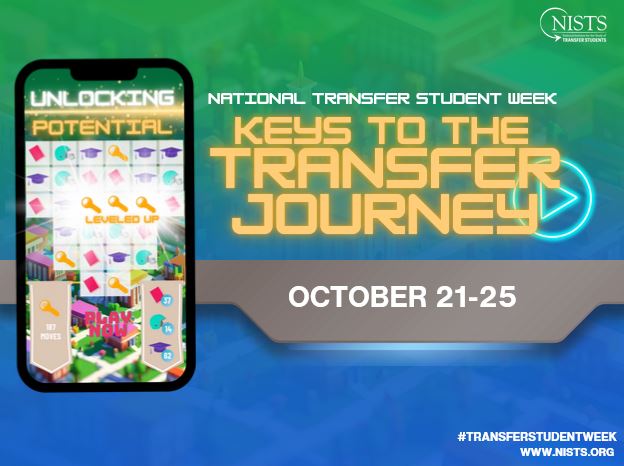 An image of a train with text reading "Full steam ahead. Transfer Student Week: October 23 - 27. More details coming soon!"